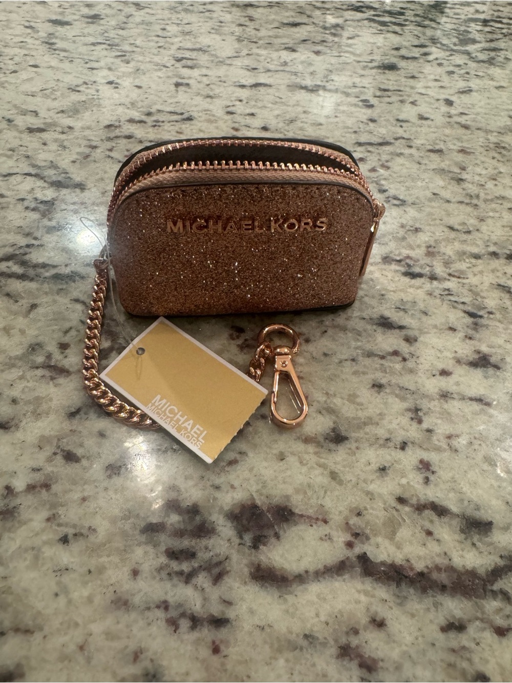 Michael Kors Rose Gold Glitter Mini Key & Card Pouch with Chain